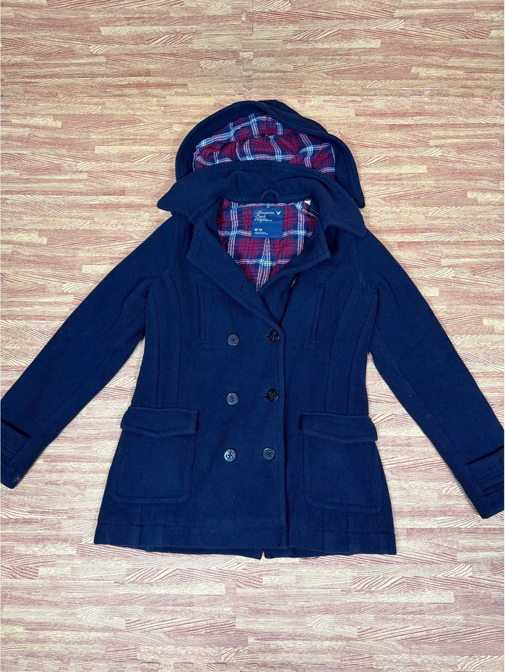 Vintage 2000s American Eagle Wool Blend Hooded Peacoat Jacket M Navy Plaid Lined